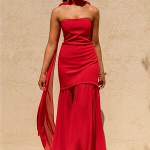 Elegant Strapless Red Maxi Dress